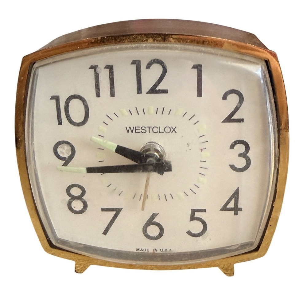 Vintage Westclox Wind Up Alarm Clock Faux Wood Grain Brown 3.25in Made in USA